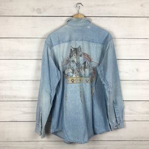 Vintage 1990s Tribal Wolf Button Long Sleeve